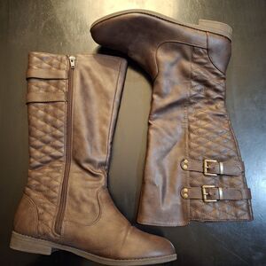 Vintage Roebuck & Co Brown Side Zip Boots Buckle Faux Leather Womens 6.5